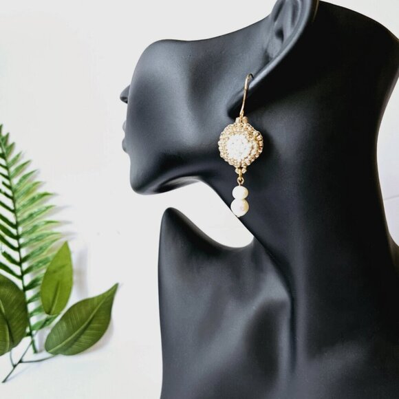 2/$27 | Genuine Pearl Shield Beaded Indigenous Hoop Earrings | Handmade - Picture 5 of 5